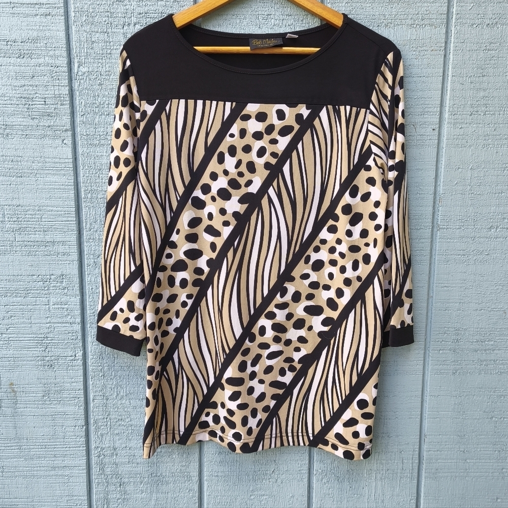Bob Mackie Animal Print Striped Tunic sz M Black Tan No Iron Liquid Knit Safari